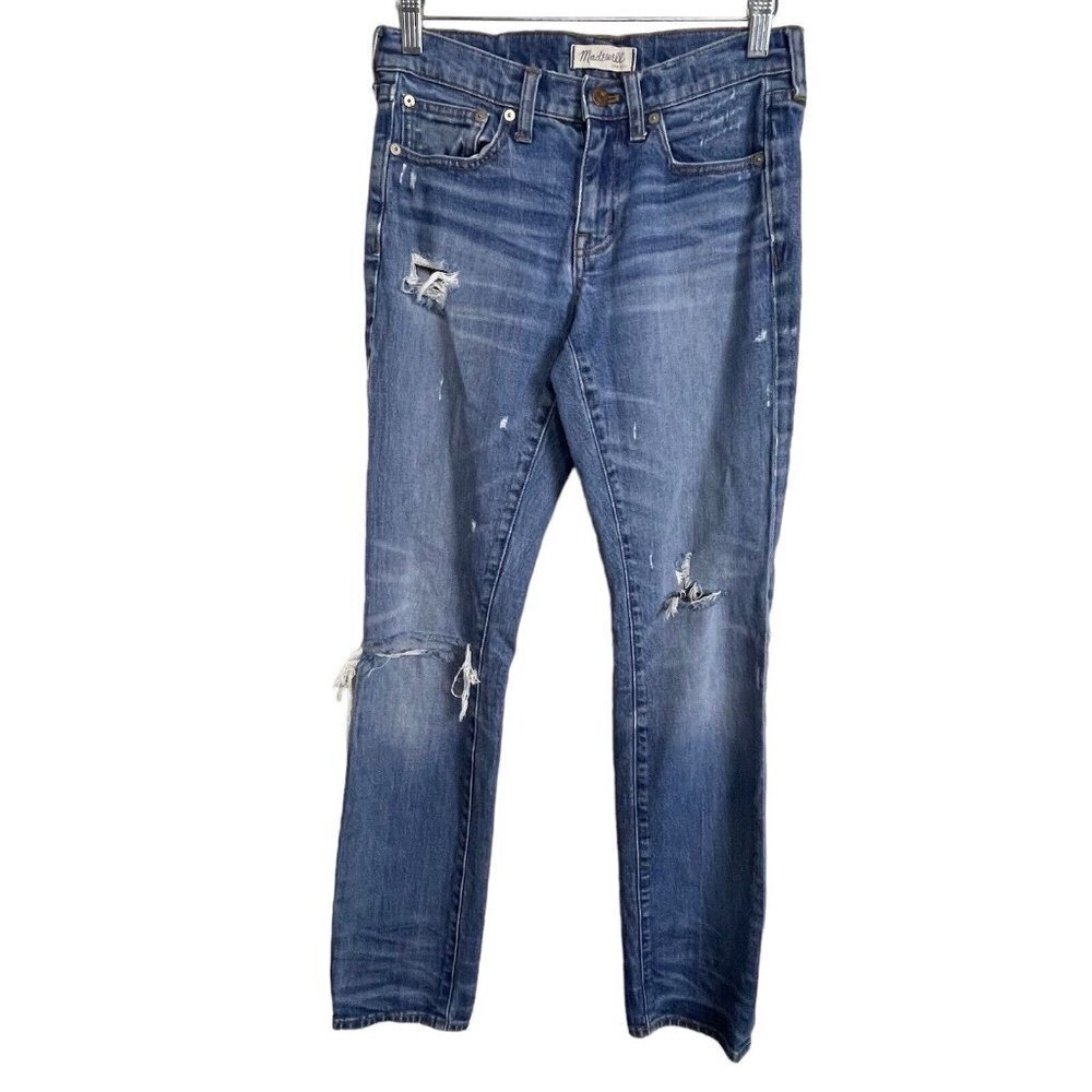 Madewell Slim Boyjean Distressed Distroyed Blue Whiskering Size 25